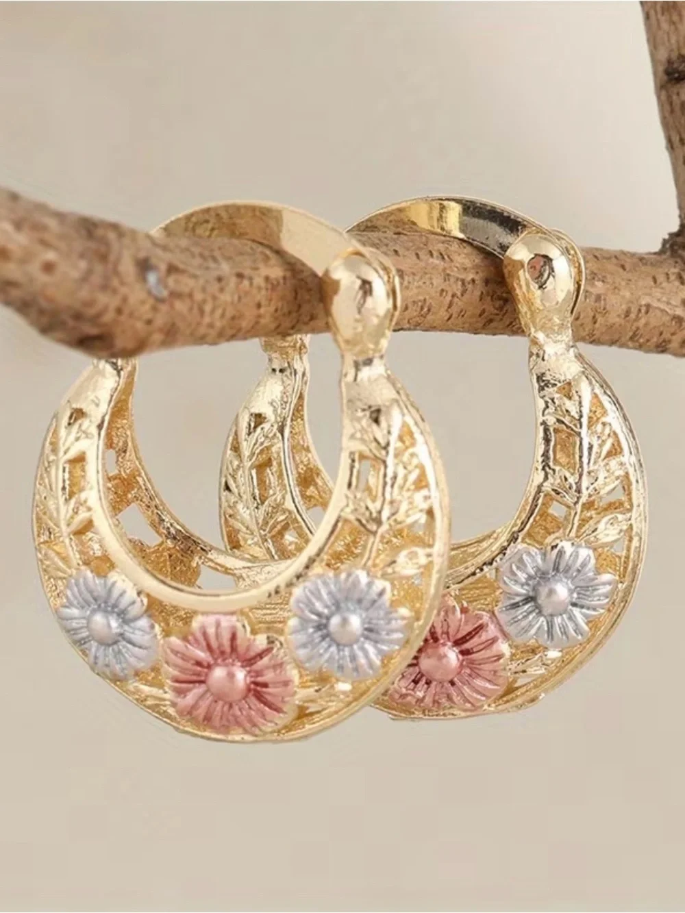 Gold Floral Hoop Earrings with Pink & Silver Accents